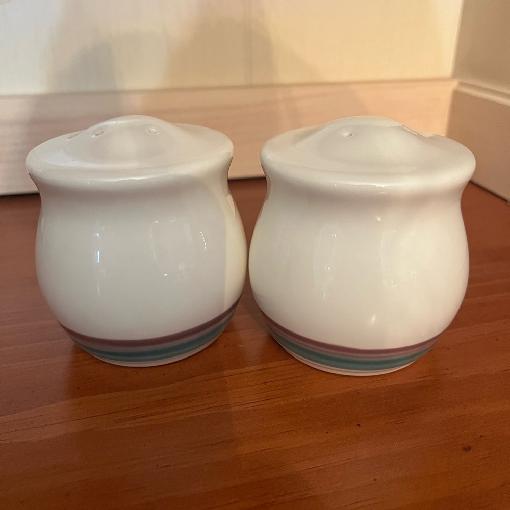 Pfaltzgraff White Salt and Pepper Shakers with Multicolor Stripes